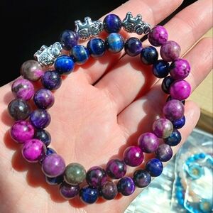 Rainbow Tiger's Eye Sugalite elephant gemstone crystal bead stretch bracelet set